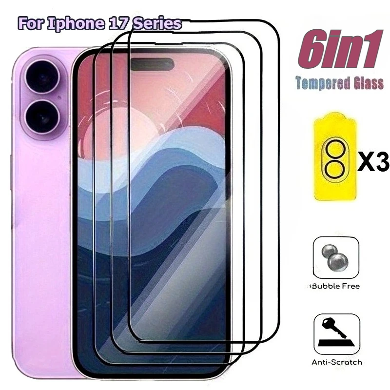 

Прозрачное закаленное стекло 6-в-1 для iPhone 17 16 14 15 Pro Max 15 16 Plus Стекло объектива камеры для iPhone 13 12 11 Pro 16e 17 Air