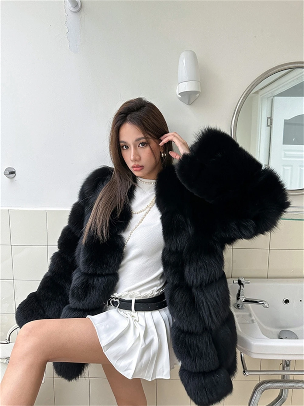 Long Real Fox Fur Coat for Women, Thick Black Jacket with Hood, Full Sleeves, Genuine Fox Fur, Luxury, Winter, Plus Size