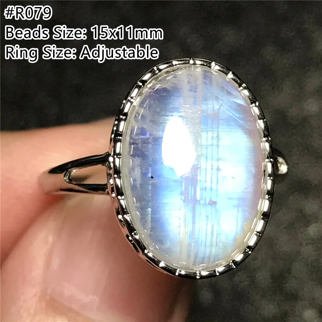 Natural Blue Light Moonstone Ring Silver For Women Healing Luck Gift Crystal Oval Beads Stone Gemstone Adjustable Ring AAAAA