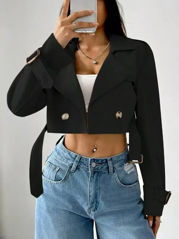 New Autumn and Winter Women's European and American Style Belt Long-sleeved Short Casual Windbreaker Jacket Lapel Top