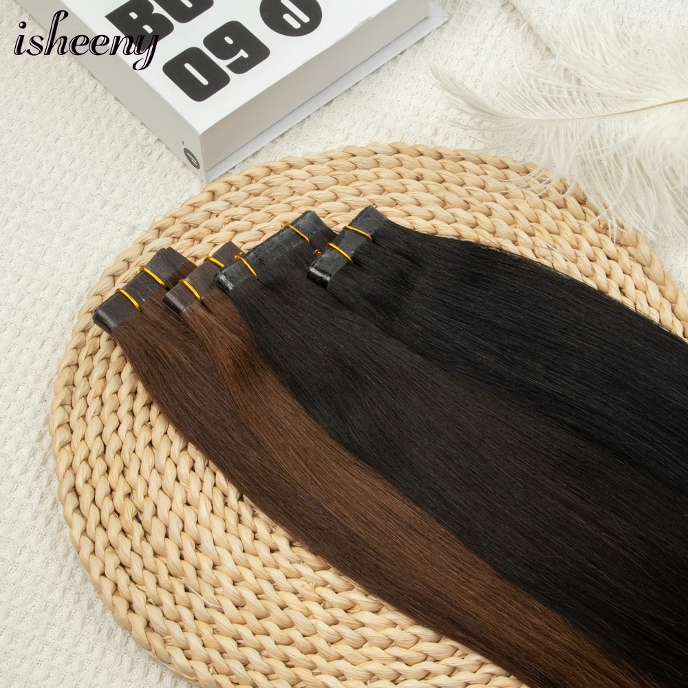 Isheeny Platte Inslag PU Huid Menselijk Haar Bundels 12 inch Natuurlijke Rechte Bruin Machine Remy Haar 40 g/stk Geen Tape Hair Extensions