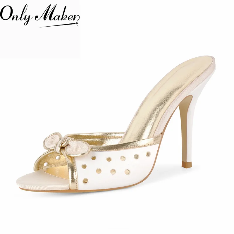 Onlymaker Gold Peep Toe Mules Heels Hollow Bow Peep Slip On Design 10CM Stiletto High Heel Summer Wedding Bridal Dress Sandals