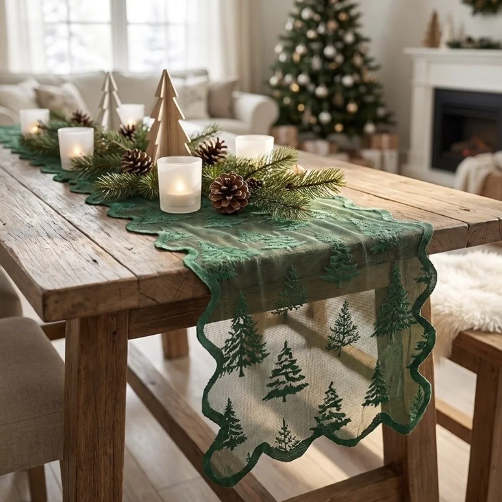 Maple Leaf Christmas Tree Table Runner Lace Flower Christmas Table Flag Decorative Cloth Jacquard Xmas Tablecloth Dining Table