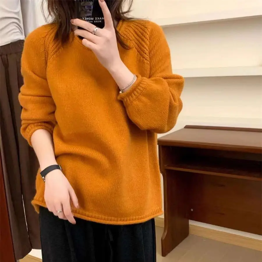 

Korean Version Rolled Edge Solid Pullover Sweaters for Women Autumn Winter Casual Loose Soft Knitted Top Fashion Women Clothing