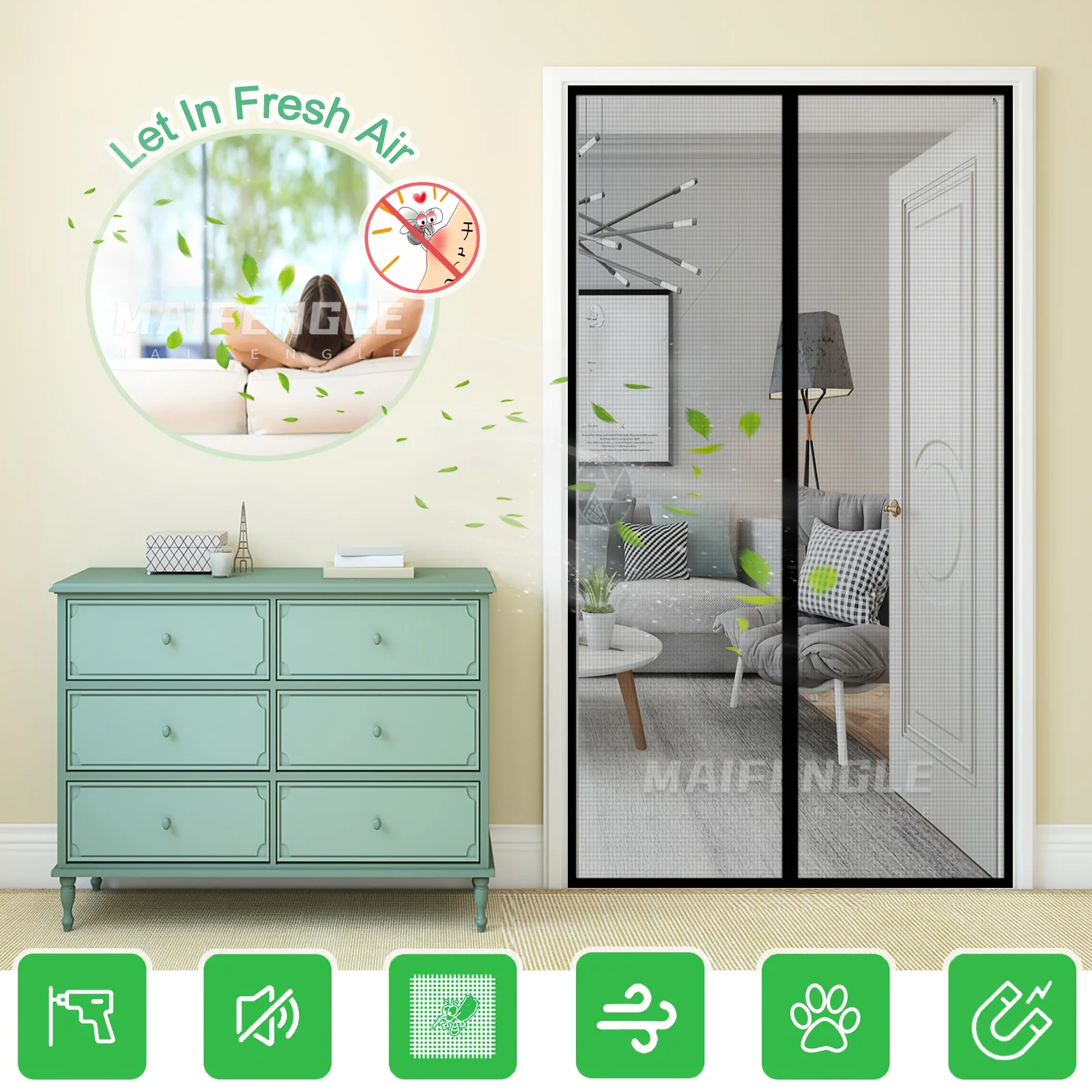 Magnetic Screen Door - Easy No-Drill Installation, Automatic Closing Mosquito Net for Patio & Front Door Entrances