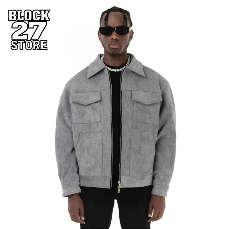 

Мужская куртка Осень Зима Замшевое повседневное пальто с карманами Высококачественная уличная одежда в стиле ретро Модная верхняя одежда Стиль Харадзюку Дизайн Режим ношения