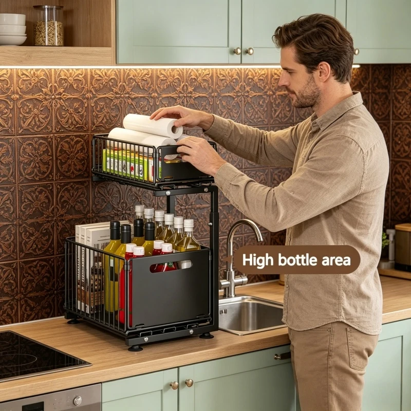 

Home Household Adjustable 2 Tier Pull Out Cabinet Organizer Under Sink Storage Rack Slide Out Drawer for Kitchen Spice Jars