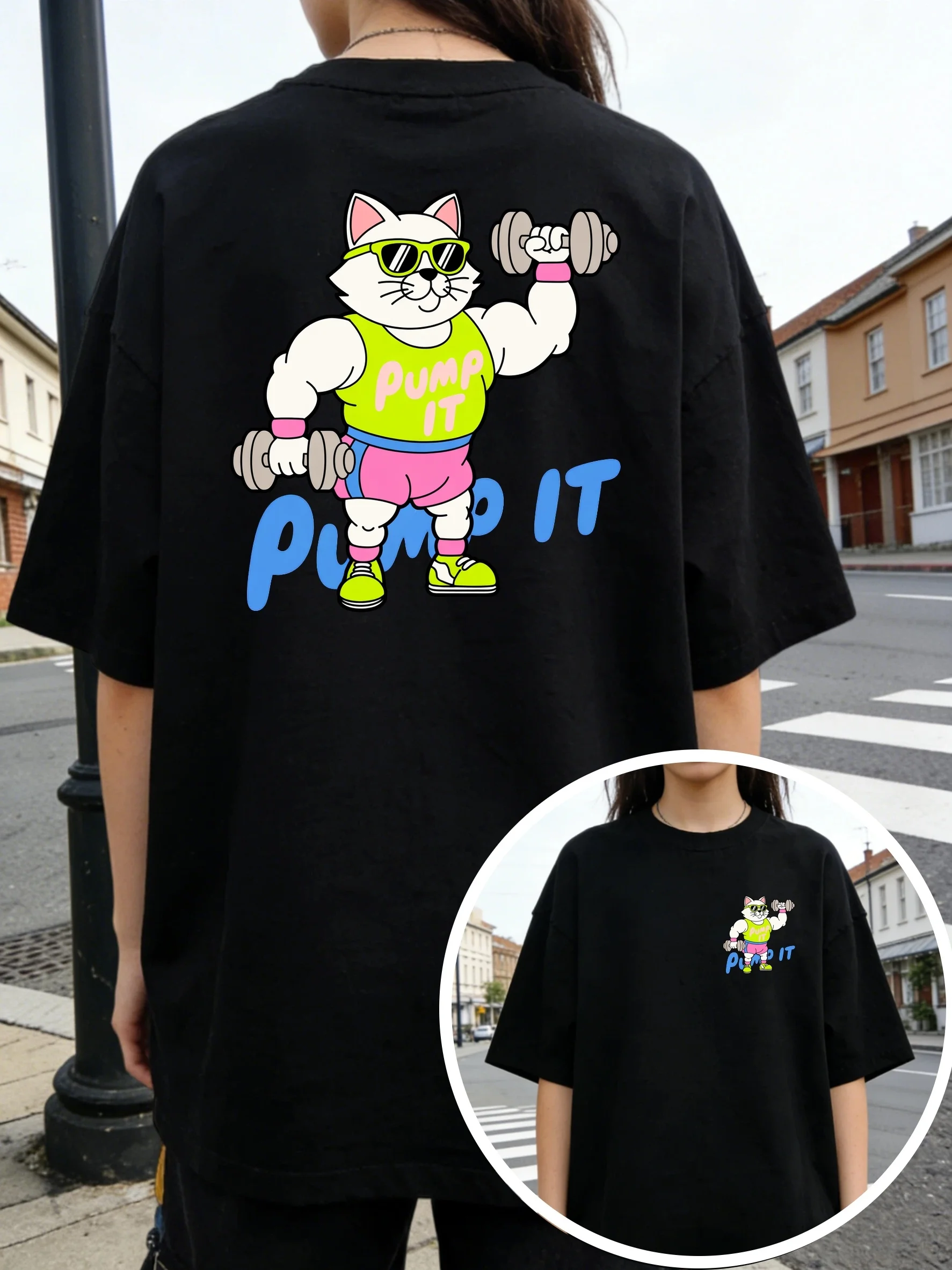 Trendy Print Black T-shirt Soft Fabric Summer Outfit Muscular Bodybuilder Cat Lifting Dumbbells