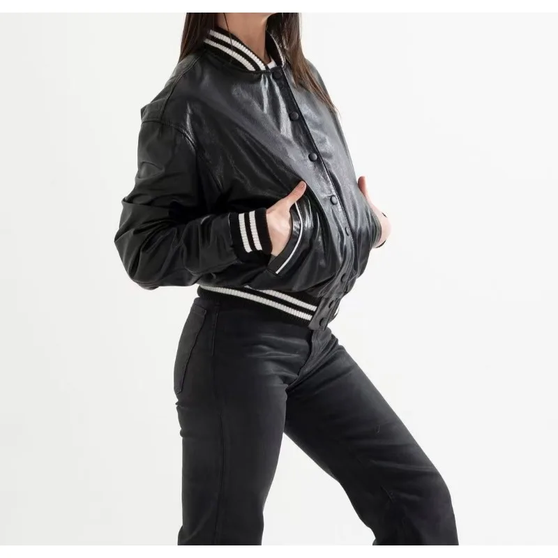 Lässige Damenjacke, Herbst 2022, neue modische und vielseitige Streetwear-Baseball-Pu-Leder-Langarmmäntel für Damen