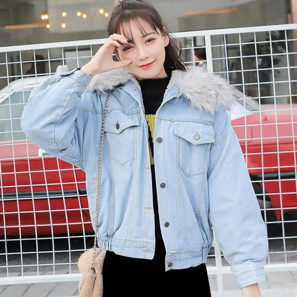 Women Denim Jacket Cozy Winter Women\'s Jacket with Furry Hood Plush Lining Button Closure Windproof Warm Coat for Weather Fleece