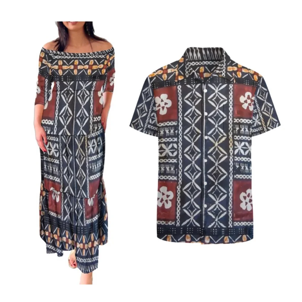 Women'S Dress Polynesian Tribe Design Women'S Layered Long Dress With Men'S Shirt Couple Dress Free Shipping