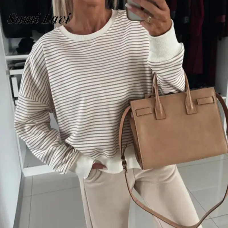 

Fashion Striped Color Blocking Sweatshirt Women Elegant O-neck Loose Hoodie Tops 2024 Casual Long Sleeve Hight Street Pullovers