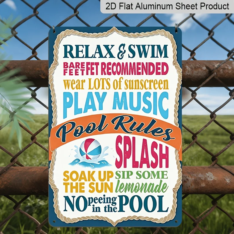 2D Flat 1pc Fun Pool Rules Aluminum Sign Waterproof, Vibrant Pool Decor with Relax & Swim Recommendations