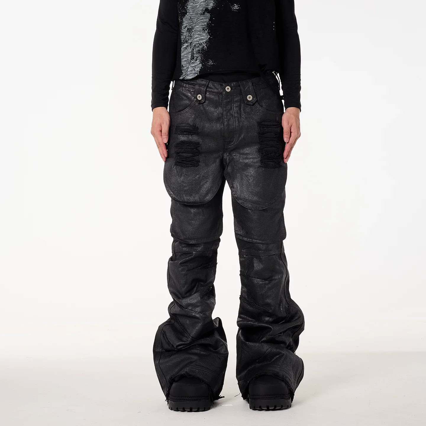 Owen Seak Men‘s Oil Wax Jeans Denim Gothic Classic Men Coated Casual Flared Trousers High Street Solid Designer Luxury Pants