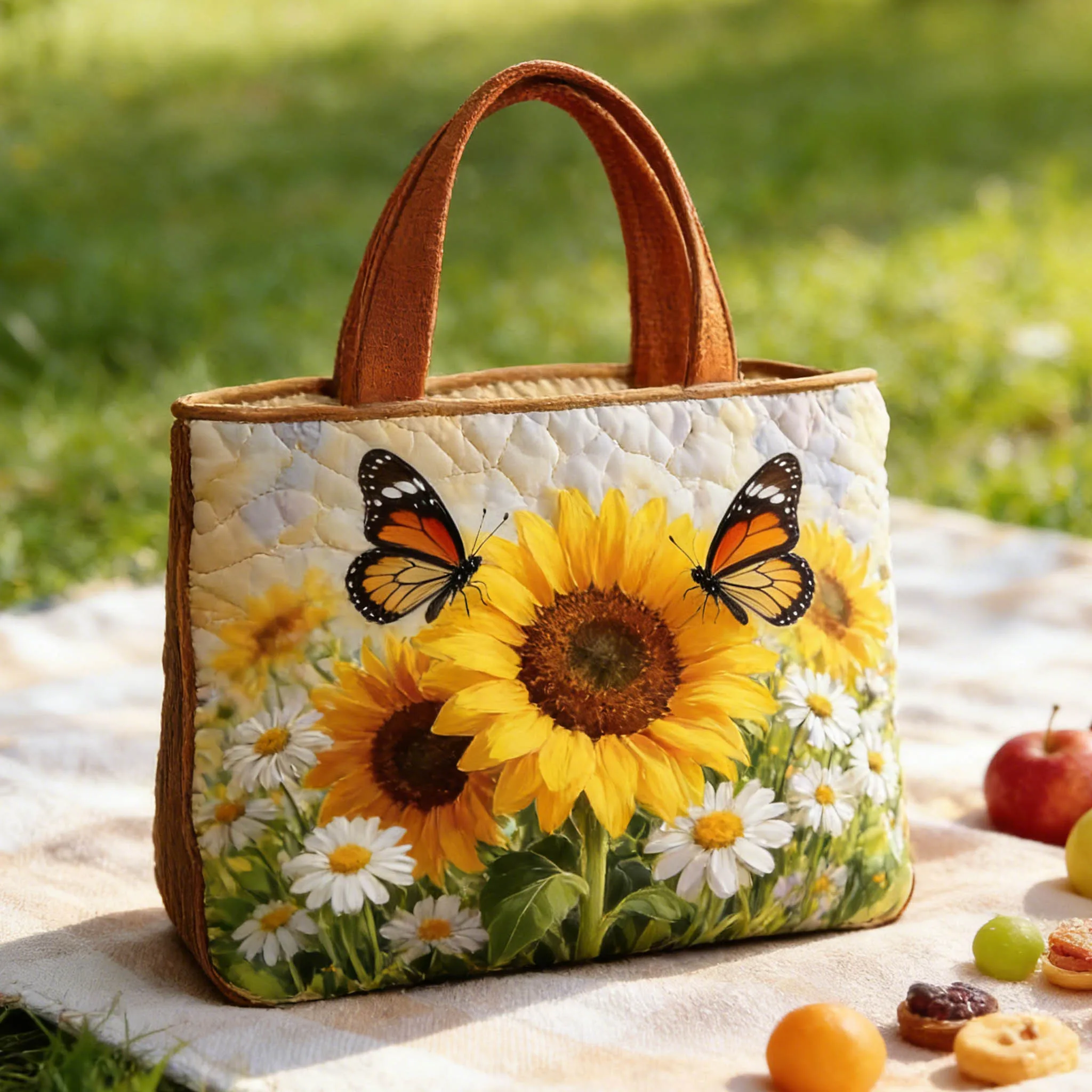 

Pastoral Fresh Style Tote Bag Sunflower Butterfly Quilted Lightweight Casual Handbag for Picnic Shopping Commute Travel
