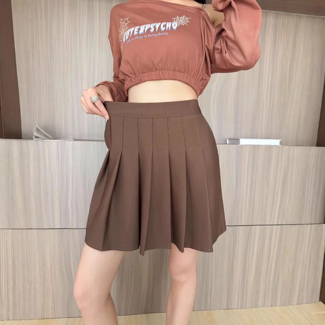 Women's Summer High Waist Solid Color Pleated Skirt With Inner Shorts A Line Mini Skirt Black Brown Grey Elastic Waistband