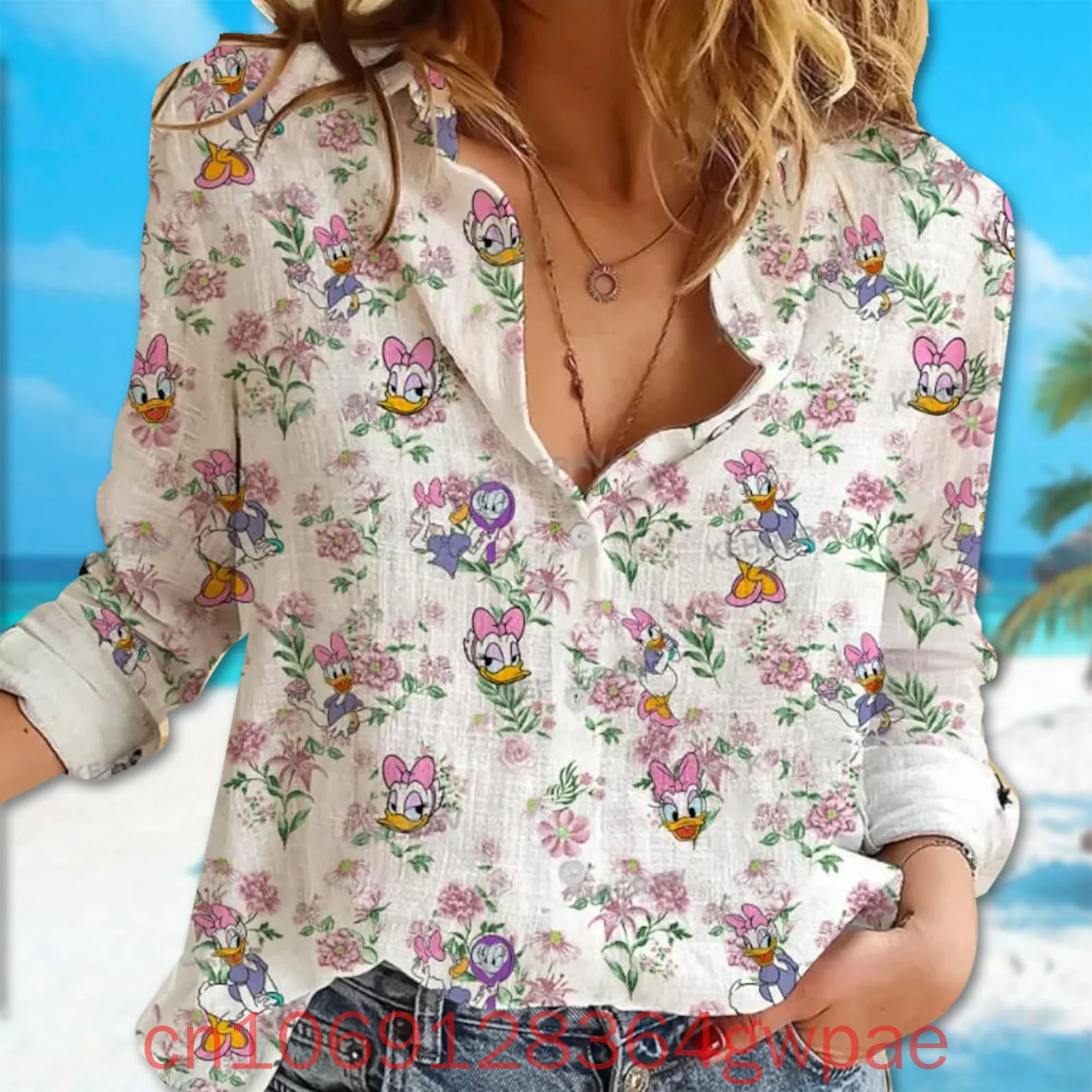 Urocza koszula damska Minnie Mouse Casual Button Up Long Sleeve Shirt Tops Disney Summer Vacation Women Fashion 3d Hawaiian Shirts