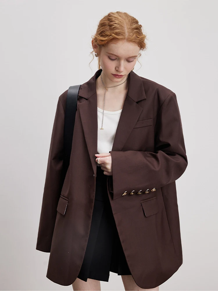 

MOLAN Elegant Classic Women Blazer Autumn Jacket Senior Fried Street Design Sense Niche Brown Curry Commuter Small Suit Top