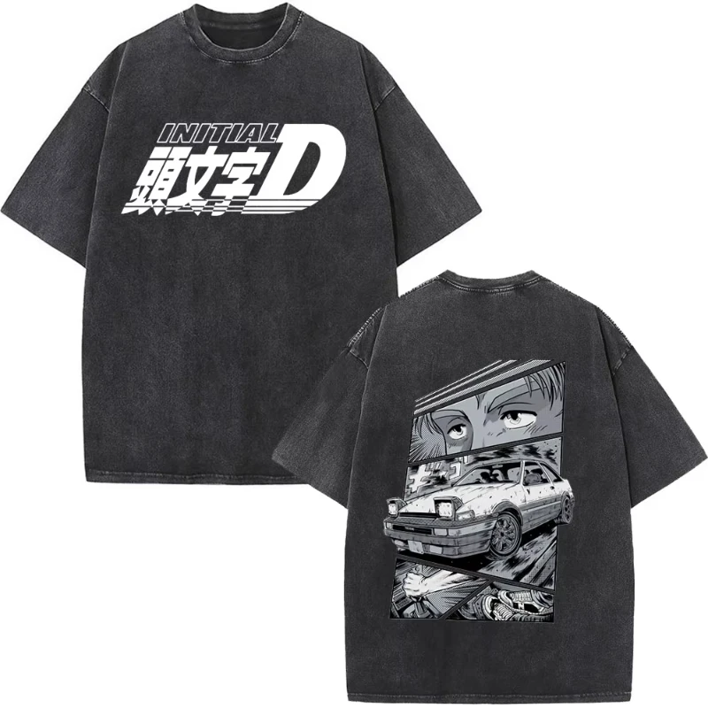 Anime Initial D Drift AE86 Washed Vintage Print T-shirt RX-7 R34 Skyline GTR JDM T-shirts Woman's Harajuku Cozy Oversized Top
