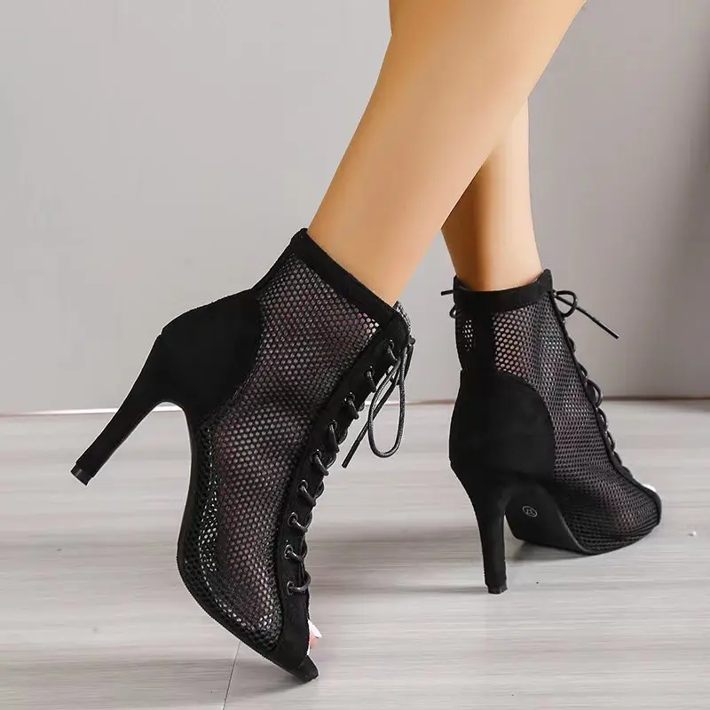 

High Heels Sandals Women's Shoe 9.5CM Heel Suede Cloth Sexy Pumps Black Dance Shoes Summer Boots Peep Toe Mesh Stilettos Size 43