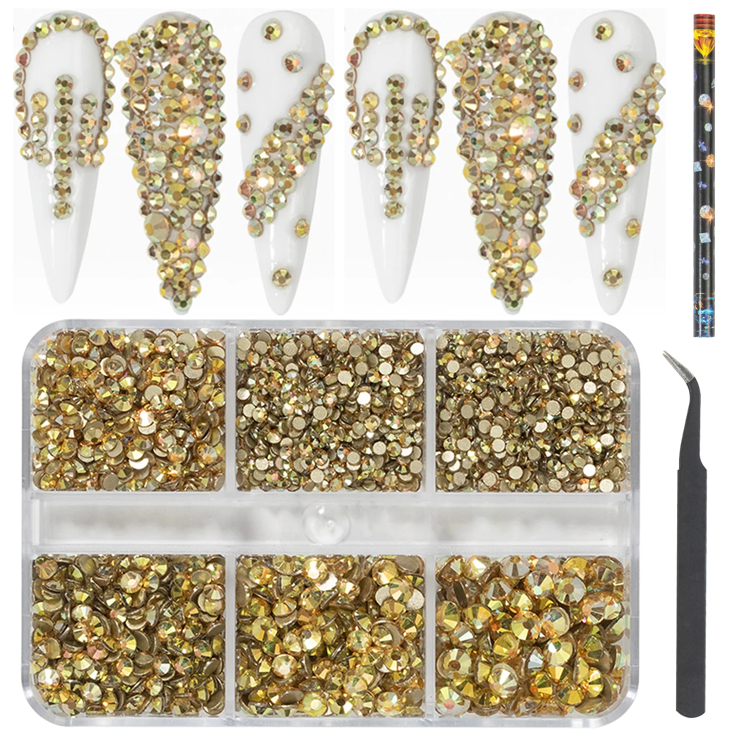 

HNUIX Luxury Shini 3D Diamond Golden multi-size Nail Rhinestones Nail Charms Flat Bottom Crystals Nail Art 3D Decoration Gem Kit