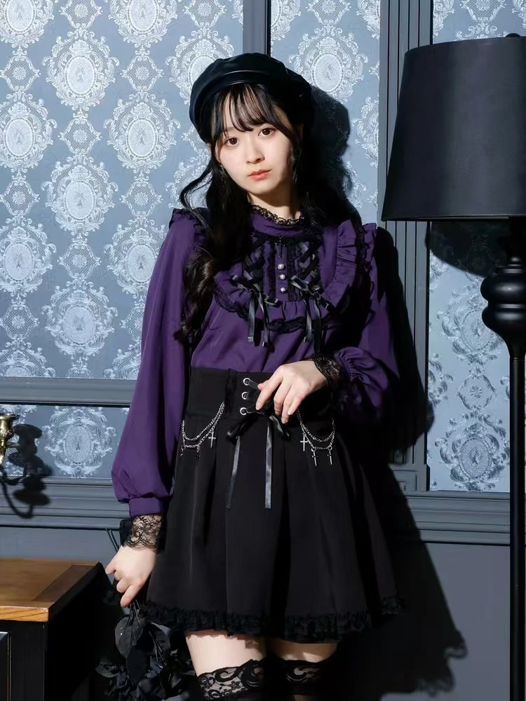 Japanese Lolita Ladies Sweet Gothic Lace-Up Long Sleeve Shirt Purple Lace Stand-Up Collar Versatile Age Reduction Fashion Top