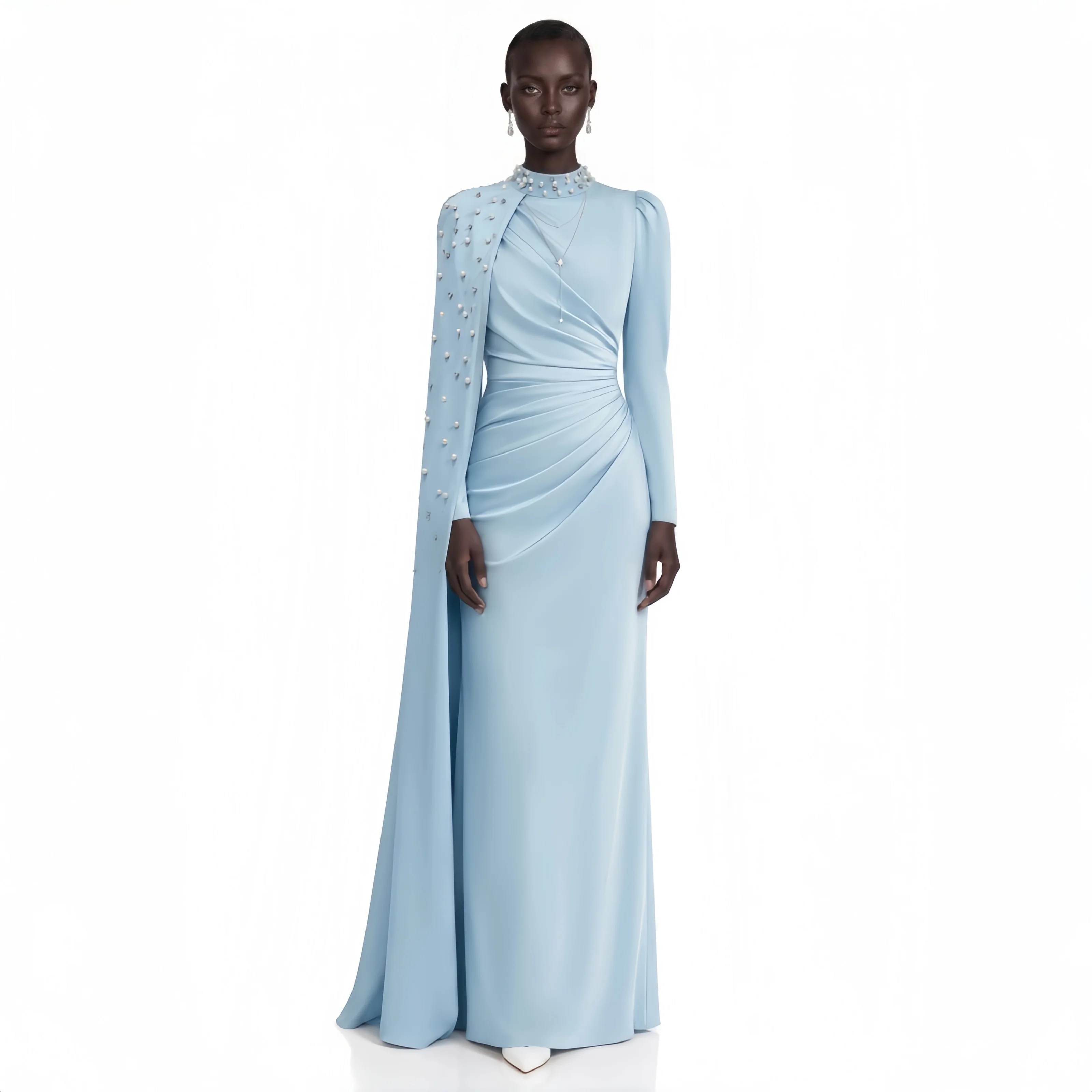 Customized Classic High Collar Long Sleeves Party Dress Glitter Pleat A-line Pleat Floor-length Formal Evening Dress For Wedding