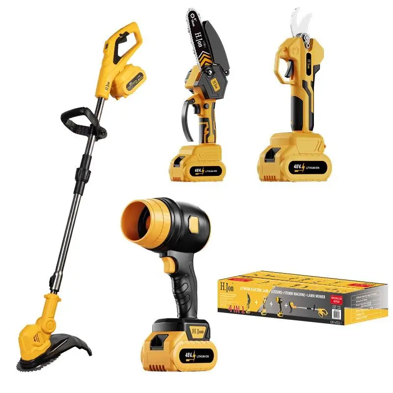 

4 In 1 Power Tool Set Rechargeable Lithium Battery Pruningshear Chainsaw Air Blower Lawn Mower Cordless Tools Kit