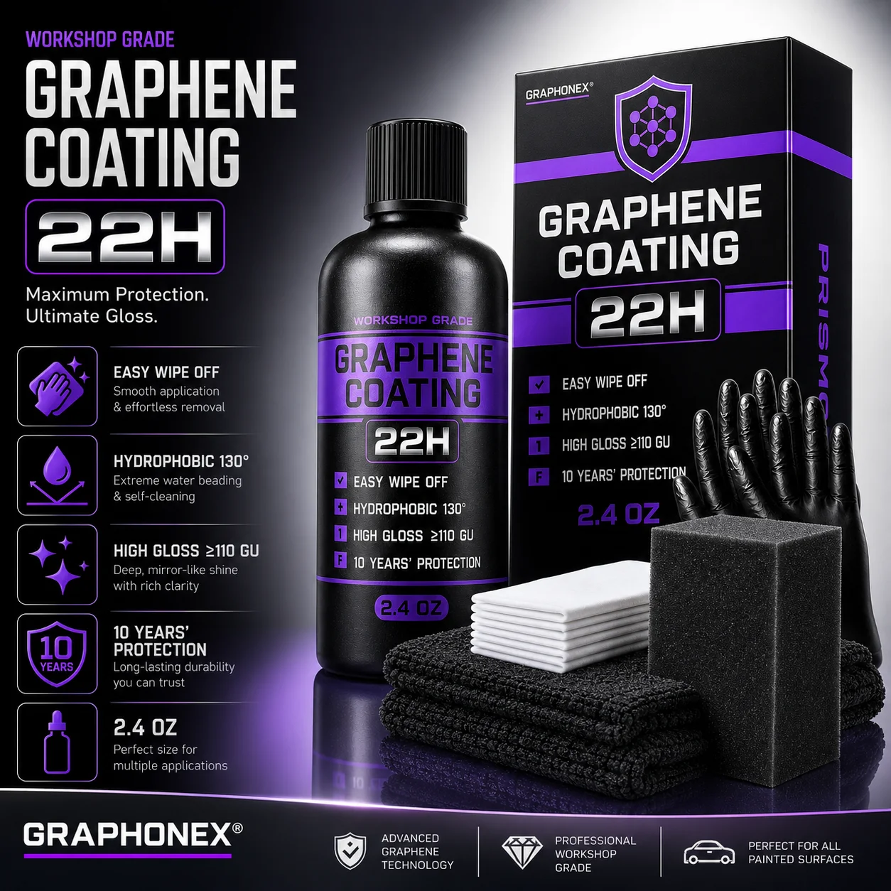 22H Graphene Ceramic Coating(70ml) Kit–Ultra Durable 10+ Year Protection,Hydrophobic High Gloss&Scratch Resistant,Professional