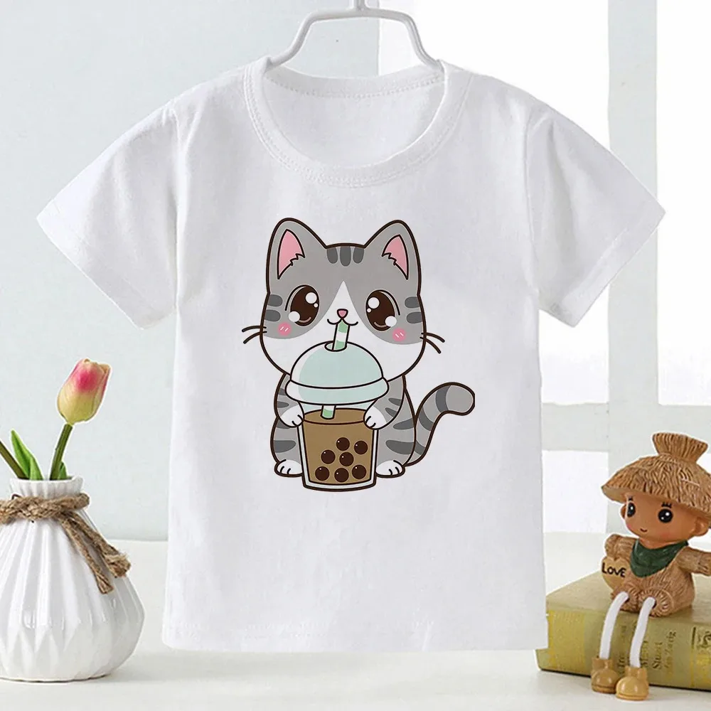 Kawaii Cat Milk Tea Printed Kids Cotton T Shirt Super Cute Cartoon Fashion Trend T-shirt Girl Boy Casual Baby Cotton Clothes