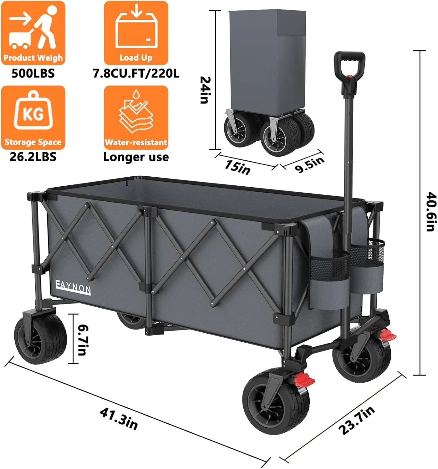 220L Collapsible Foldable Wagon With 500Lbs Weight Capacity, Utility Wagon Cart Heavy Duty,With Big All-Terrain Beach Wheels &