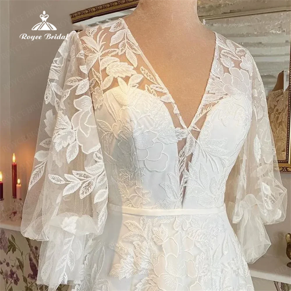 Очаровательное свадебное платье Roycebridal из двух частей, ТРАПЕЦИЕВИДНОЕ Тюлевое атласное платье с V-образным вырезом и кружевной аппликацией, женские платья со шлейфом для невесты