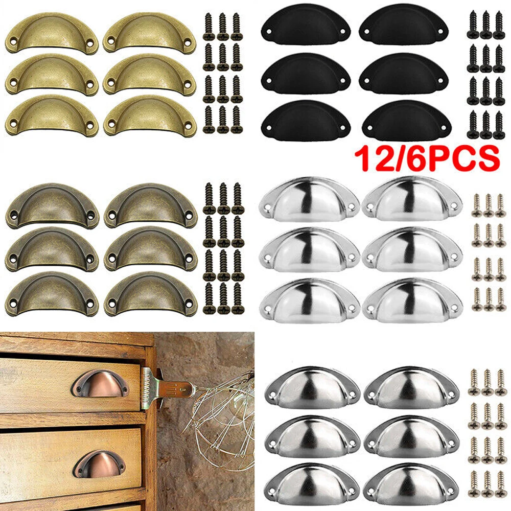 6/12Pcs Cup Pull Shell Handles Half Moon Kitchen Cupboard Cabinet Door Drawer Retro Metal Knobs and Handles