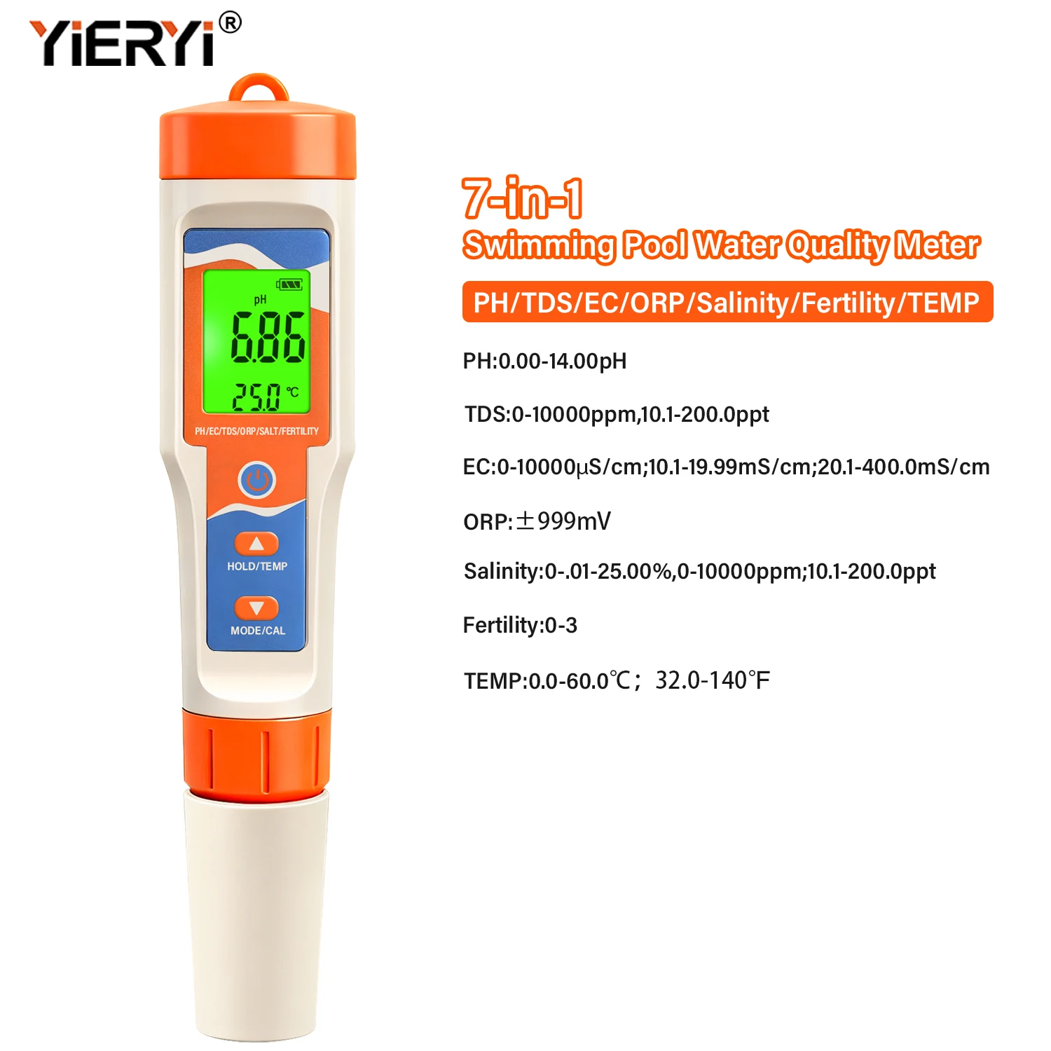 

Yieryi YY-1101 7 In 1 Digital PH EC TDS ORP Salinity Fertility Temperature Water Quality Tester Pen With ATC LCD Waterproof