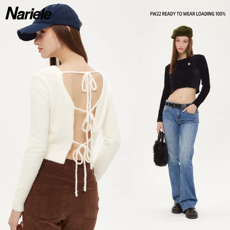 Pure Desire Open Back Strap Sexy Imitation Sable Wool Knitted Sweater Girl's Letter Embroidery Western Style Top