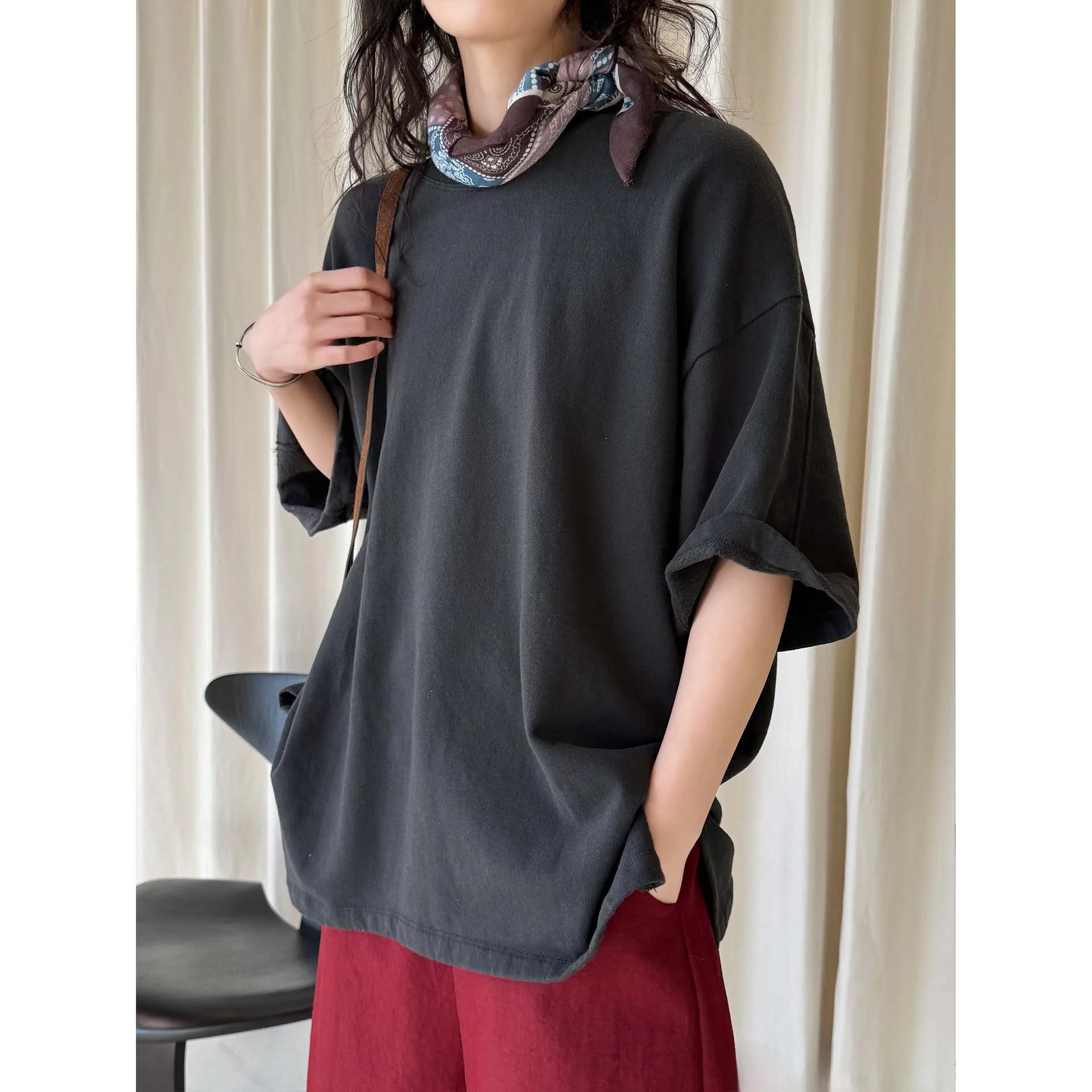 Early Spring Women's Fleece Lined Oversized round Neck T-shirt Korean Casual Style Inner Brushed Loose Fit Spring Top