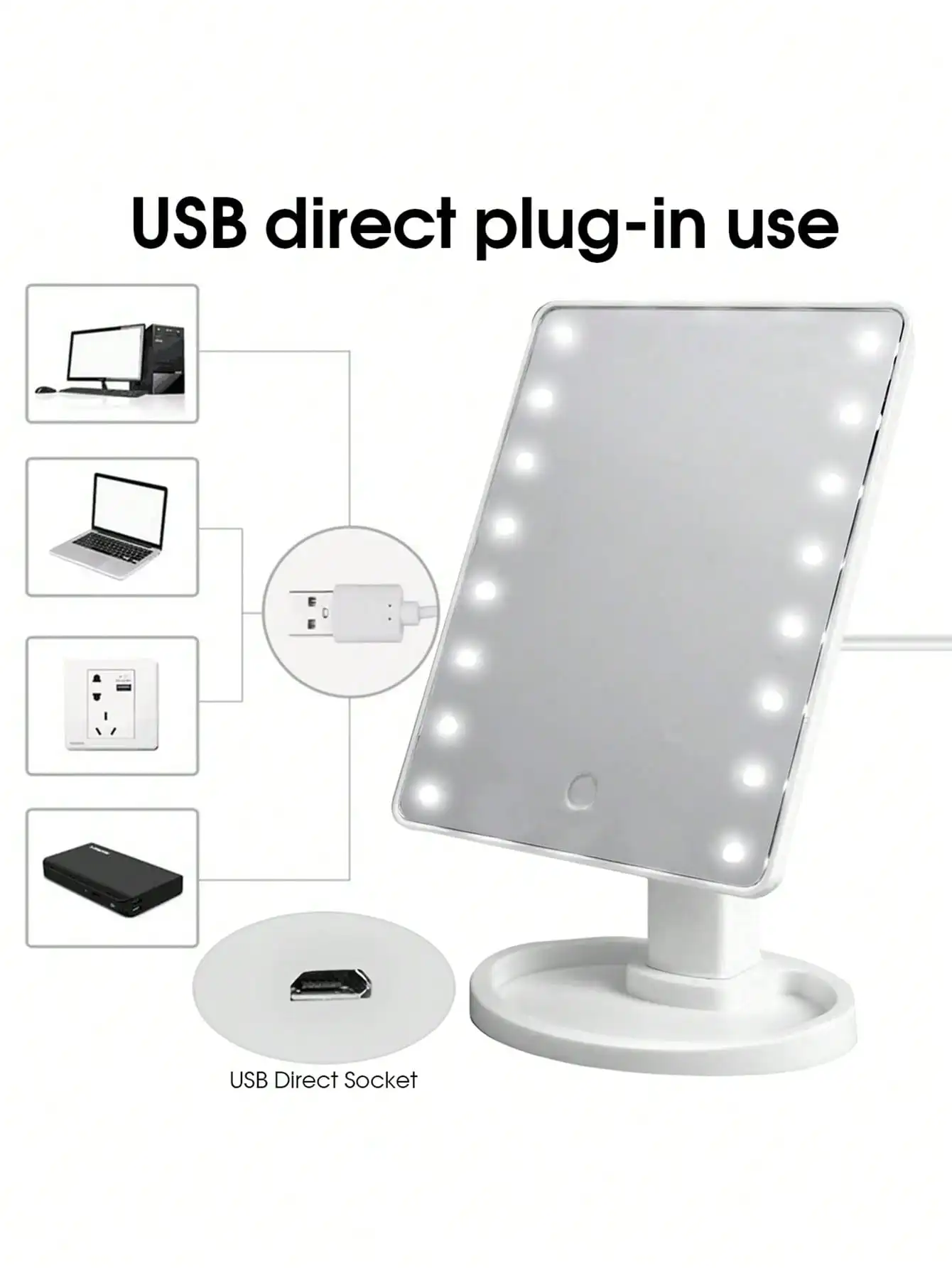 16 مرآة مكياج LED من نوع الطاولة، مرآة تجميل محمولة لسطح المكتب من جانب واحد، مع مساحة تخزين دوارة للمكياج الخفيف #6