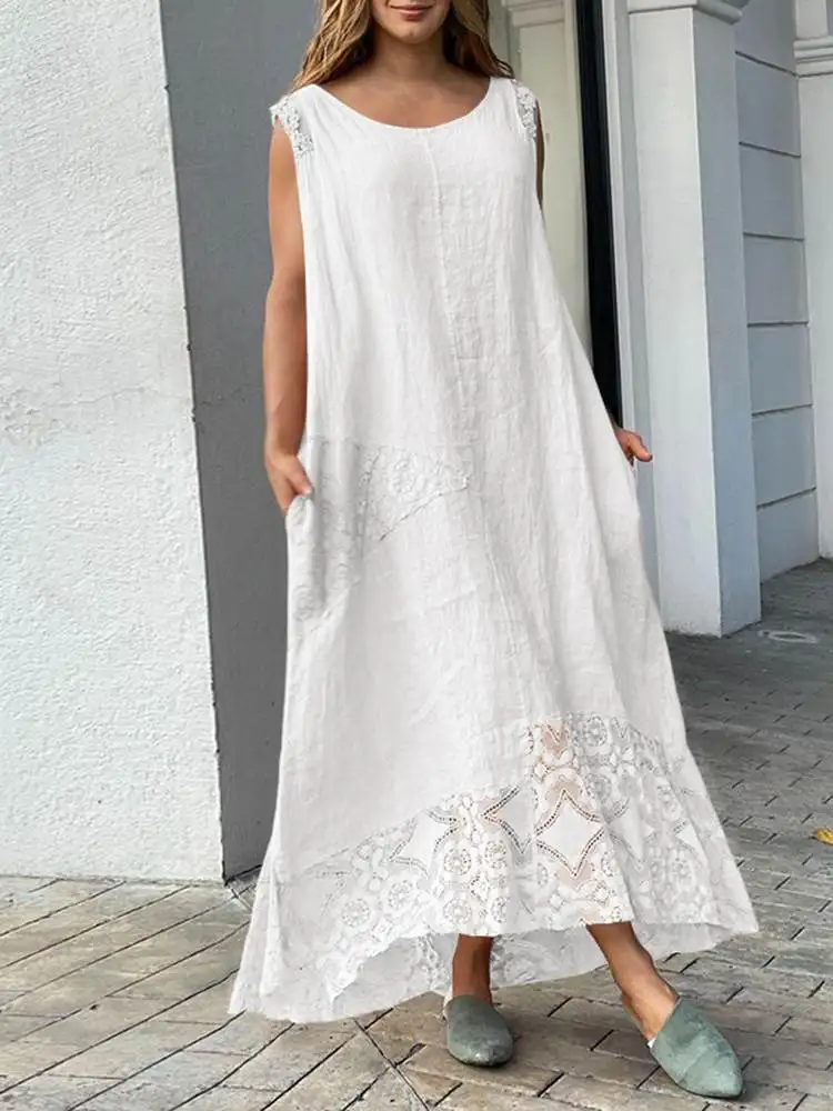 VONDA Bohemian Women Maxi Dress Summer Asymmetrical Lace Party Sundress Casual Loose Solid Short Sleeve Pleated Long Robe Femme