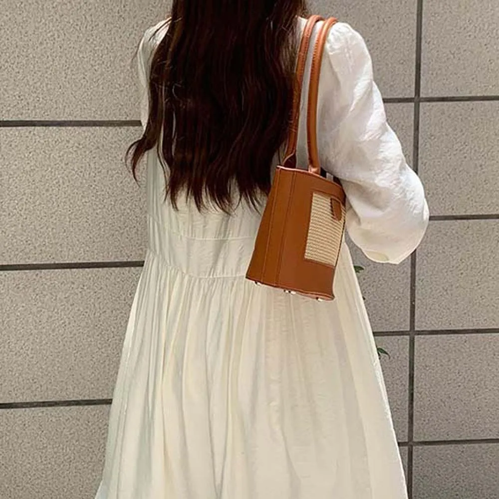 

Retro PU Woven Bucket Bag Anti-Splash Water Breathable Women Bucket Handbag Large Capacity Korean Style Straw Shoulder Bag