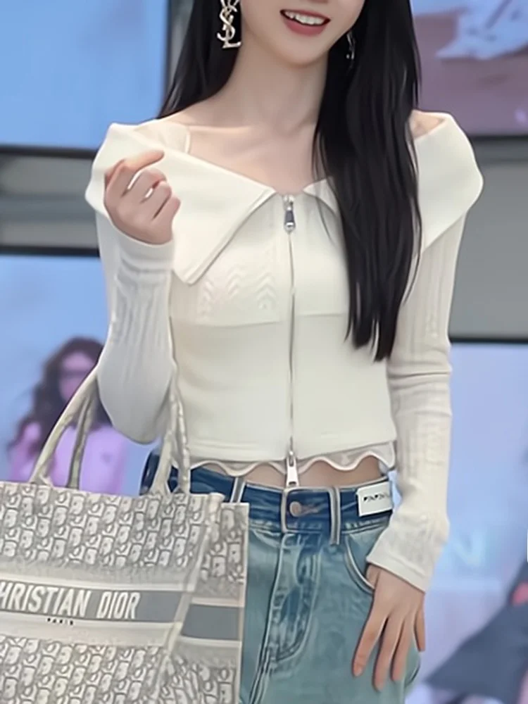 

Shoulder-baring Zipper Knitted Open Cardigan Women's Fashion Sensual Slimming Top Winter New Arrival Korean Style Commute Pur...