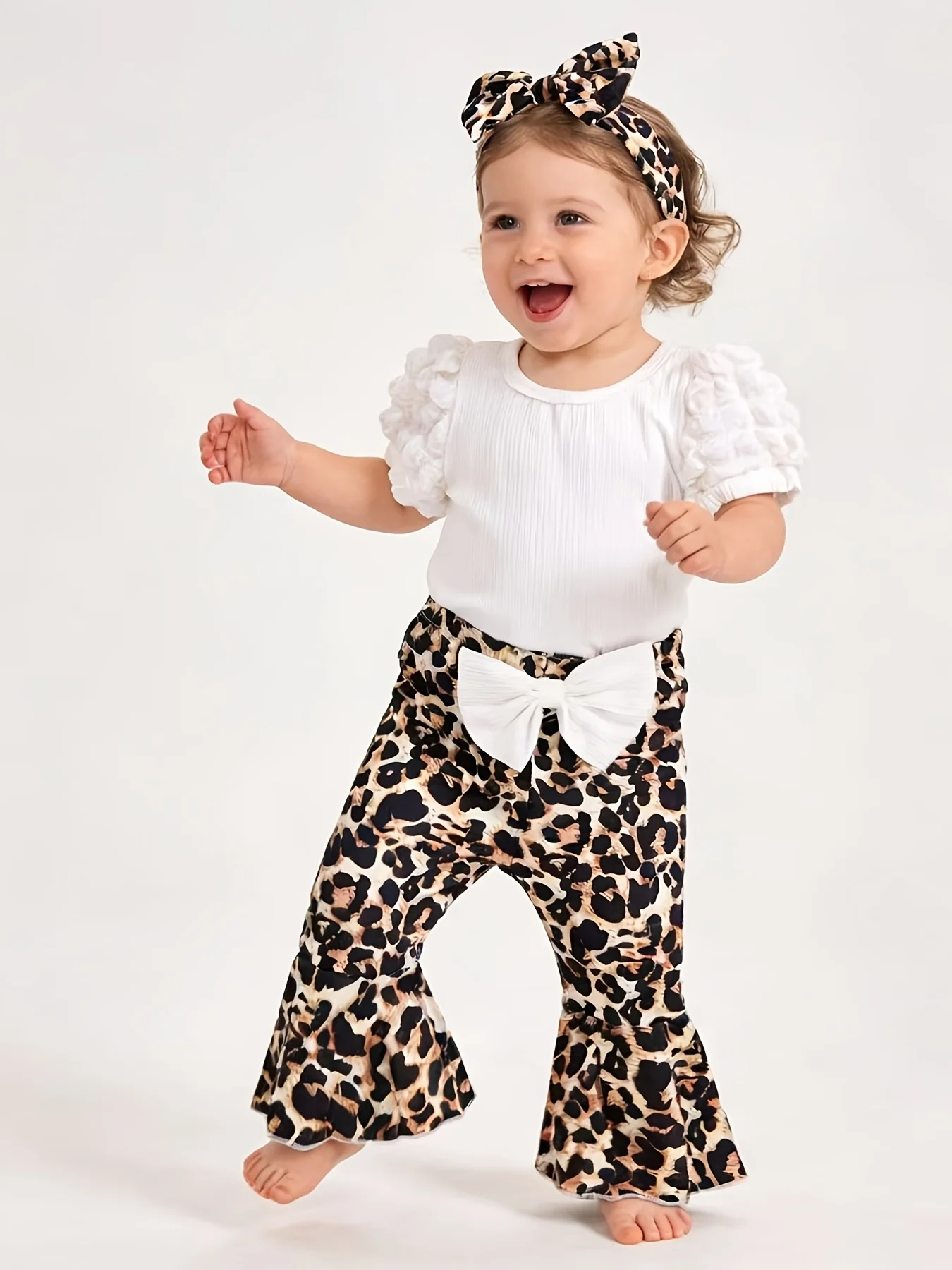 Leopard Print Flare Pants Girls Puff Sleeve Top Headband Set Sweet Cool Style Summer Outfit