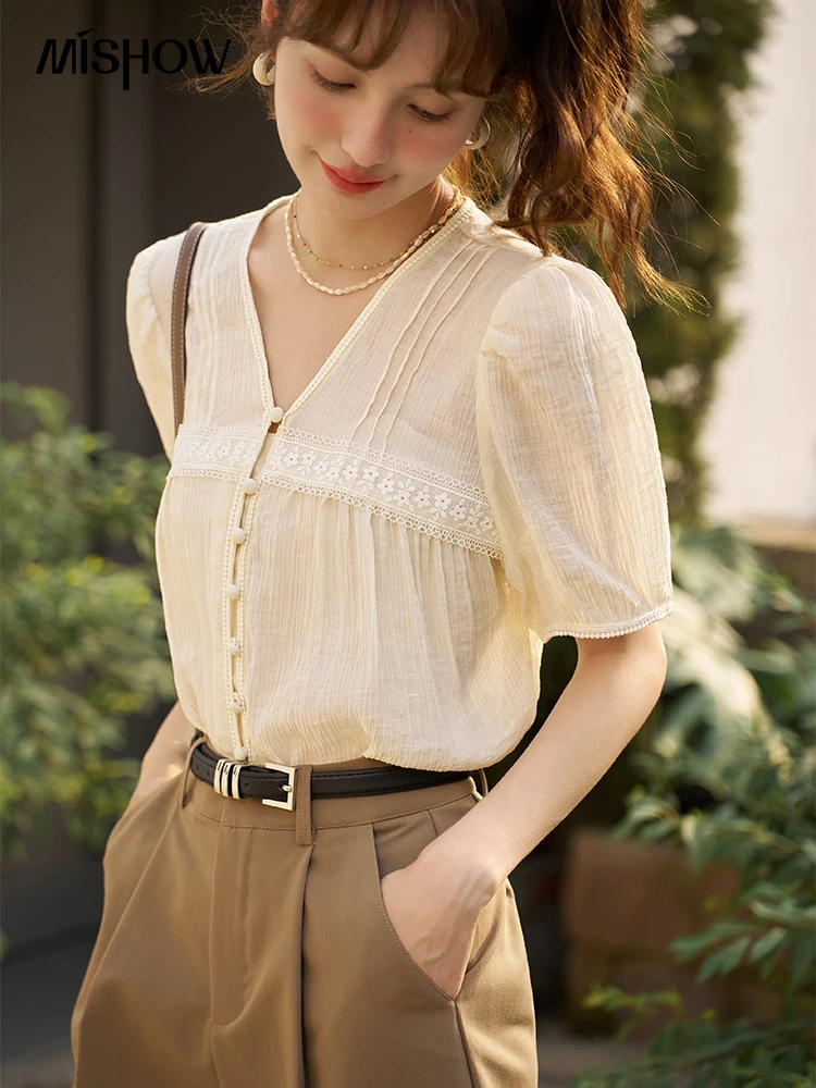 MISHOW Blouses for Women 2023 Summer French V-neck Lace Sweet Female Elegant Fashion Single Breasted Short Sleeve Top MXC35X0060