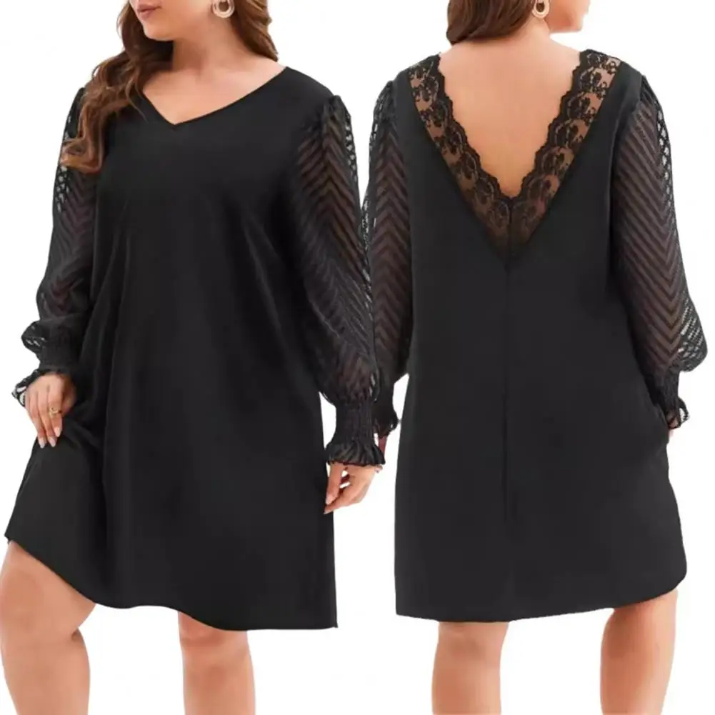 

See-through Flared Sleeve Dress Elegant V-neck Lace Flared Mini Dress for Plus Size Women Stylish High Waist Solid Color Dress