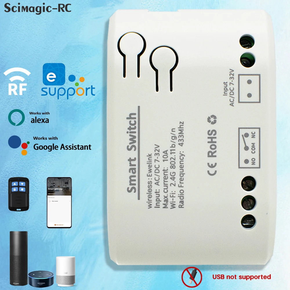 EWelink Smart WiFi Garage Door Opener Relay  Switch DC12V 24V AC220V WirelessRemote Control 1CH Alexa Googole Home Voice Control