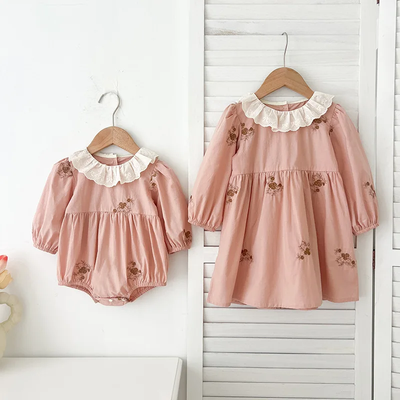 2025 Spring Girls Matching Outfits Autumn Sister Clothes Matching Baby Girls Rompers Kids Long Sleeve Dress Twins Sisters