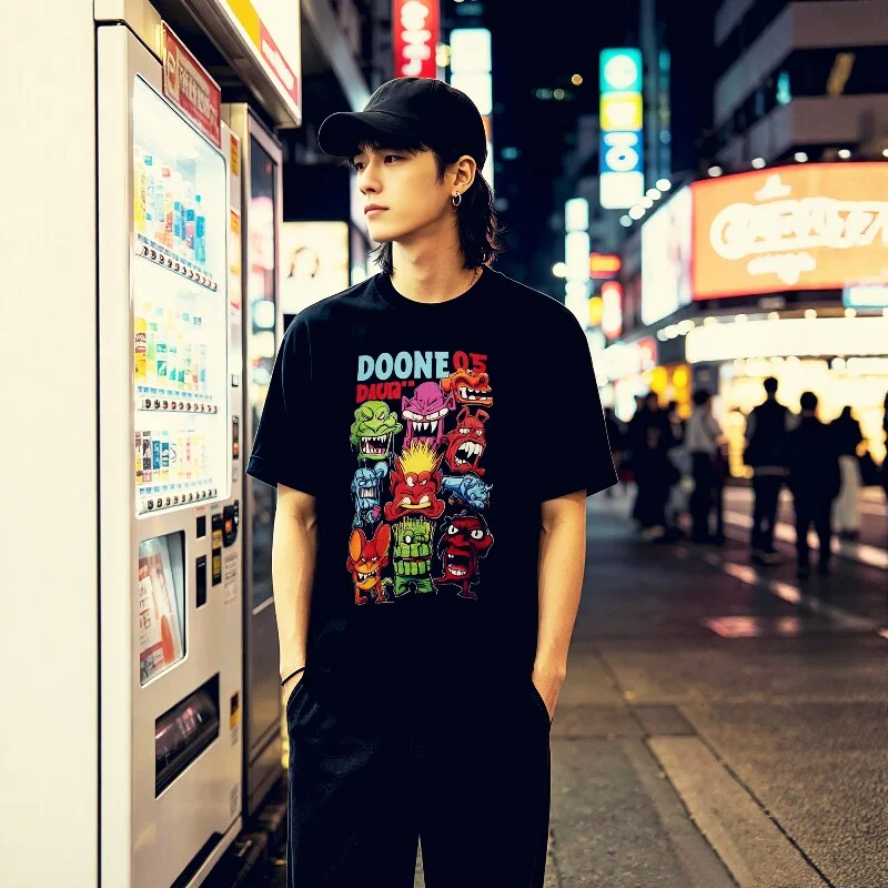 Chunyu Yinjia Men's European Style High-End Streetwear Cartoon Little Devil Print T-Shirt - 2025 New Arrival Black Short Sleeve