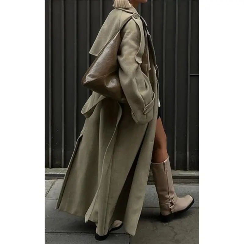 AEF6-Women Retro Single-Breasted Lapel Long Loose Belt Pockets Winter Street Outwear