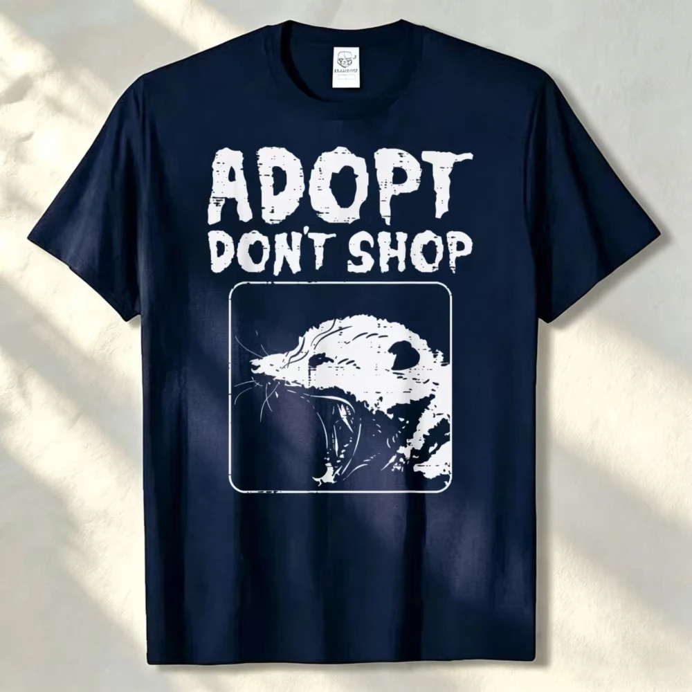 Adopt Don't Shop Rescue Opossum Retro Distressed Graphic Unisex Cotton T Shirt Animal Shelter Advocate Casual Short Sleeve Tops