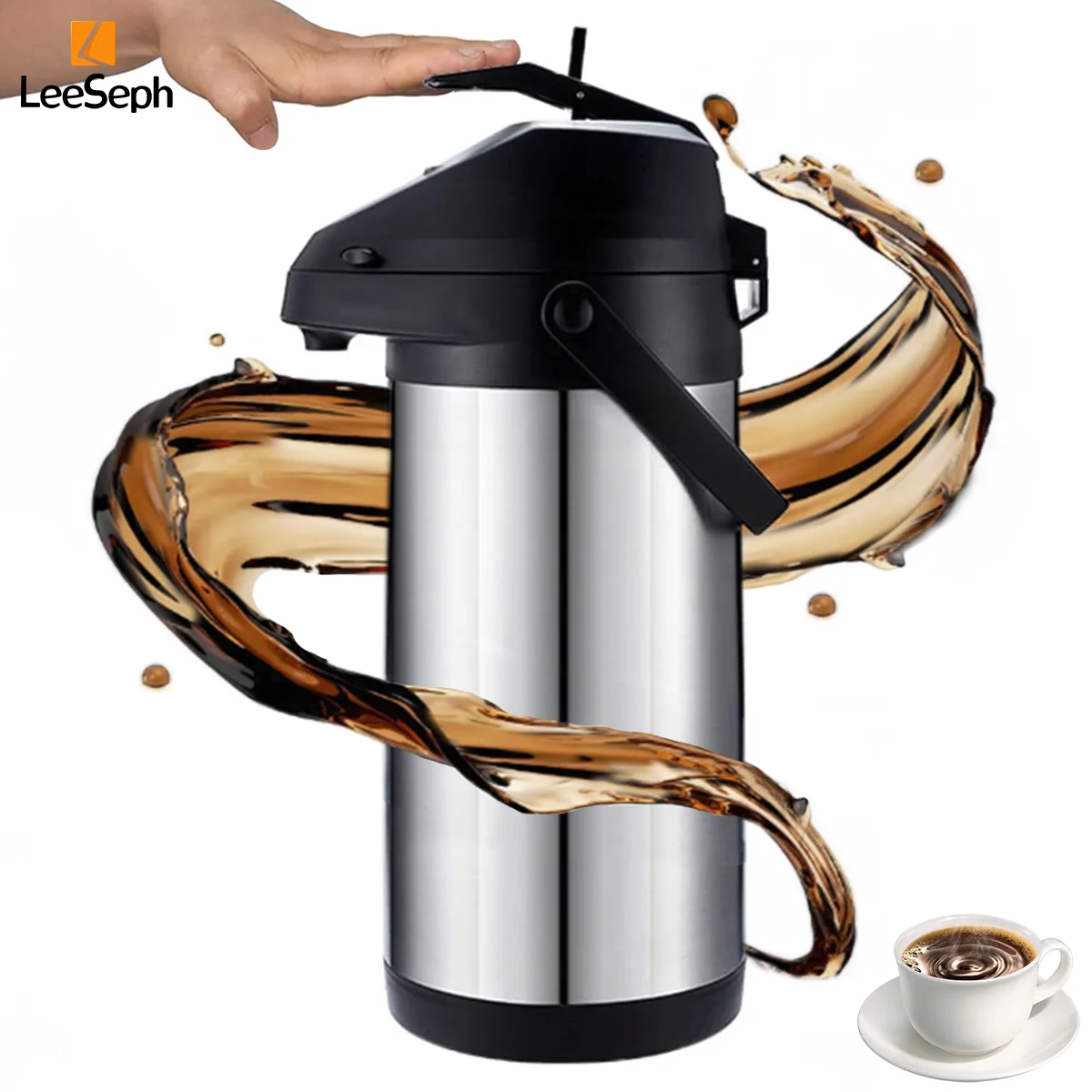 Stainless Steel Air Pressure Insulation Pot, Double Walled Insulated Coffee Thermal with 360 Rotating Base, for Family Friend