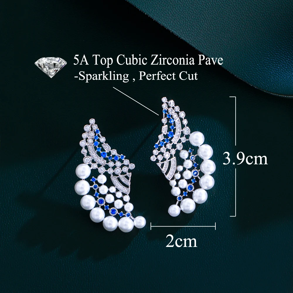 CWWZircons Elegant Symmetrical Blue Cubic Zirconia Stone Geometric Big Pearl Earrings for Women Trendy Daily Party Jewelry CZ365